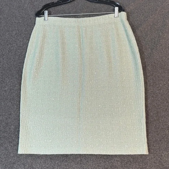 St John Knits Silver Santana Metallic Sparkle Textured Geometric Pencil Skirt - Picture 2 of 5